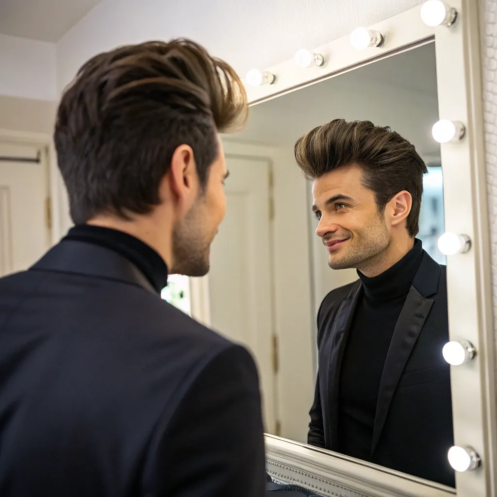 Michael admiring his new hairstyle in a mirror